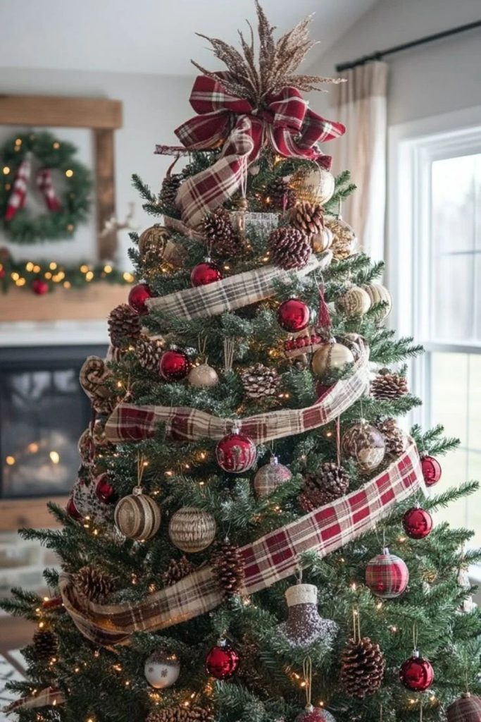 Buffalo plaid rustic flocked Christmas tree decorations.