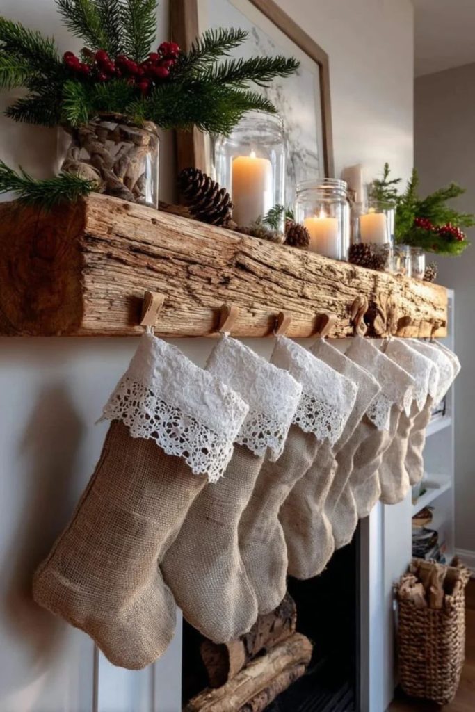 Rustic burlap stockings with farmhouse charm