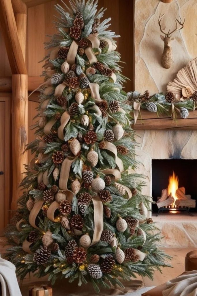 Rustic burlap Christmas tree with pinecones.