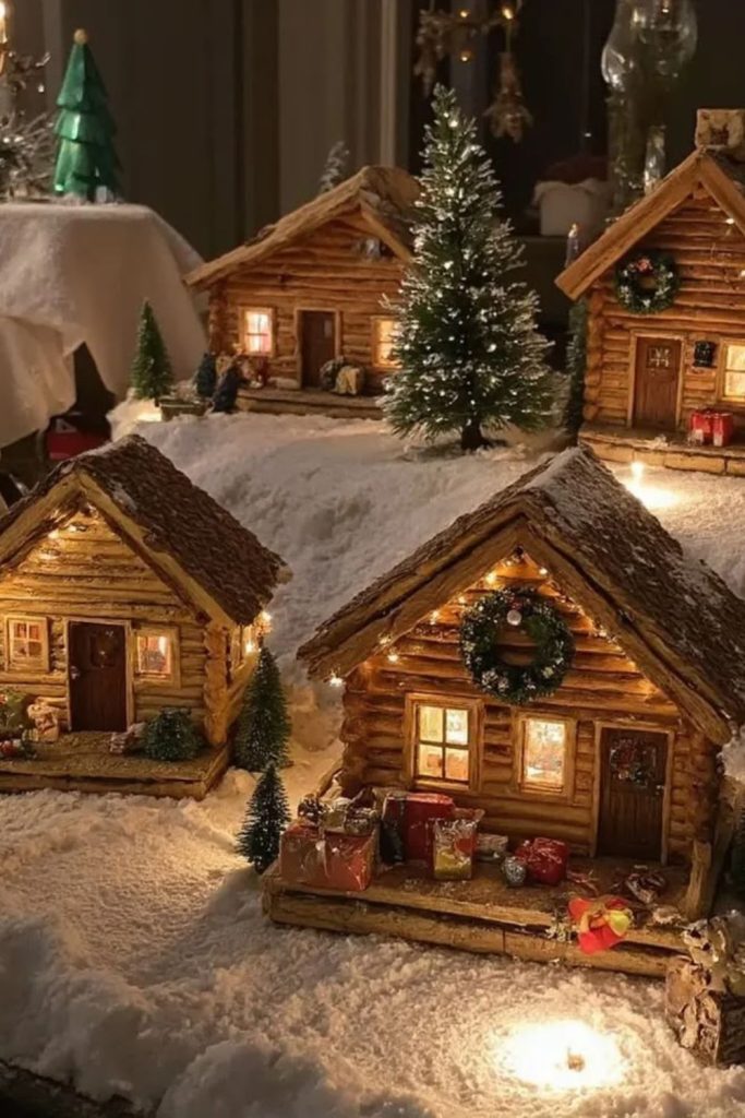 Rustic cabin village surrounded by snowy pine trees.