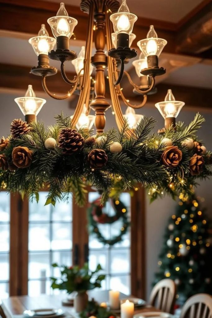 Rustic Christmas dining chandelier with evergreen greenery.
