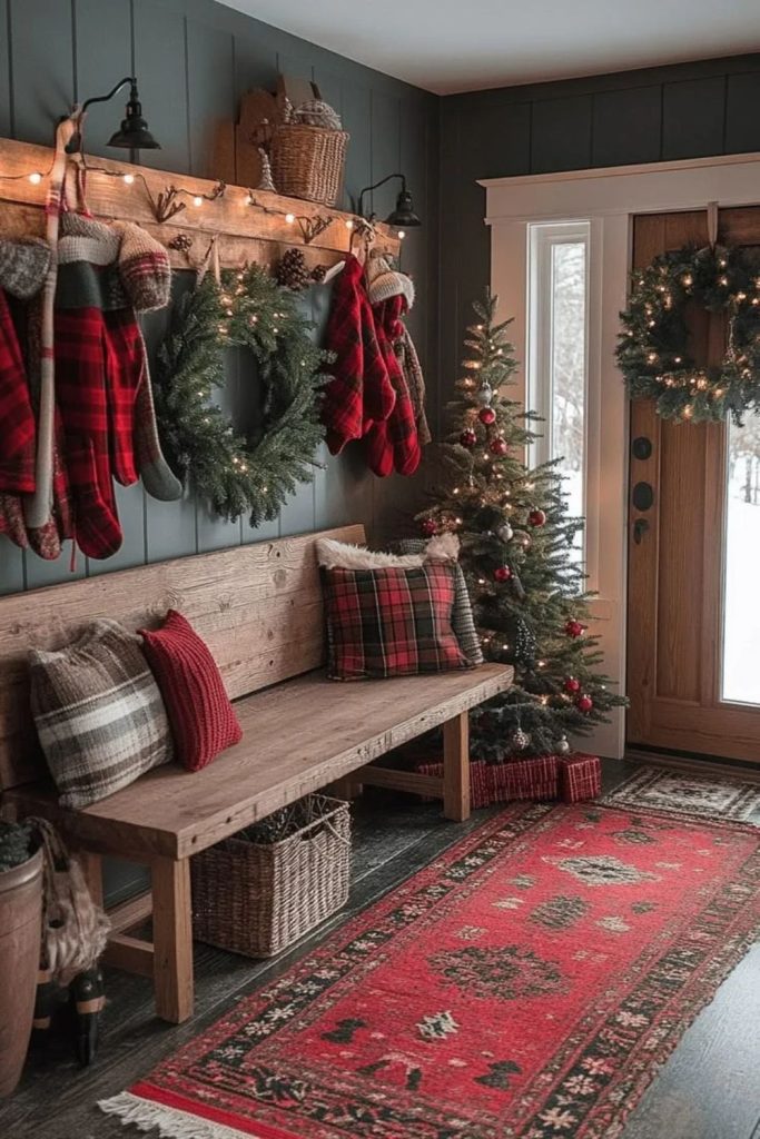 Rustic Christmas entryway bench with plaid cushions.