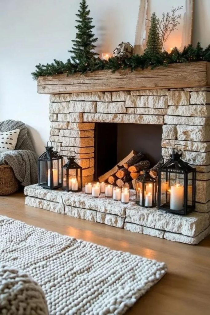 Rustic Christmas fireplace hearth with evergreen garland.