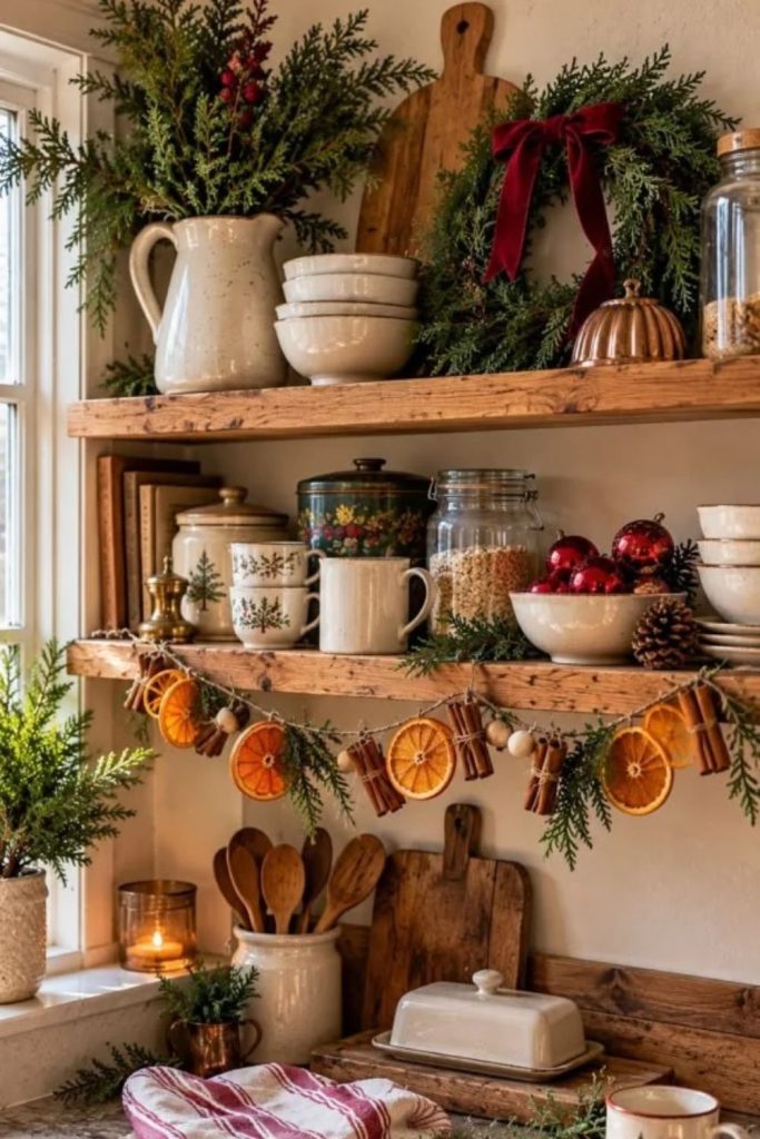 Rustic Christmas kitchen shelves with evergreen sprigs.