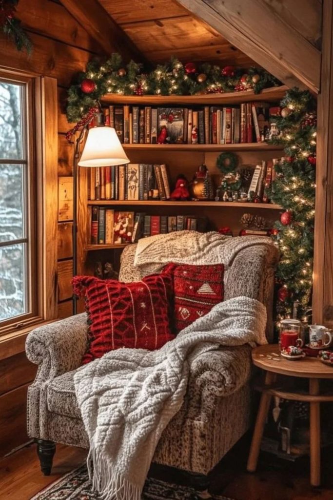 Rustic Christmas reading nook with knitted blankets.