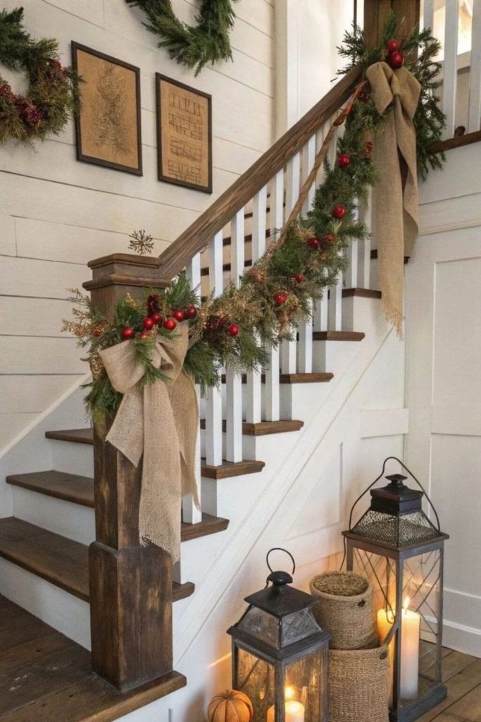 Rustic Christmas staircase garland with burlap bows.