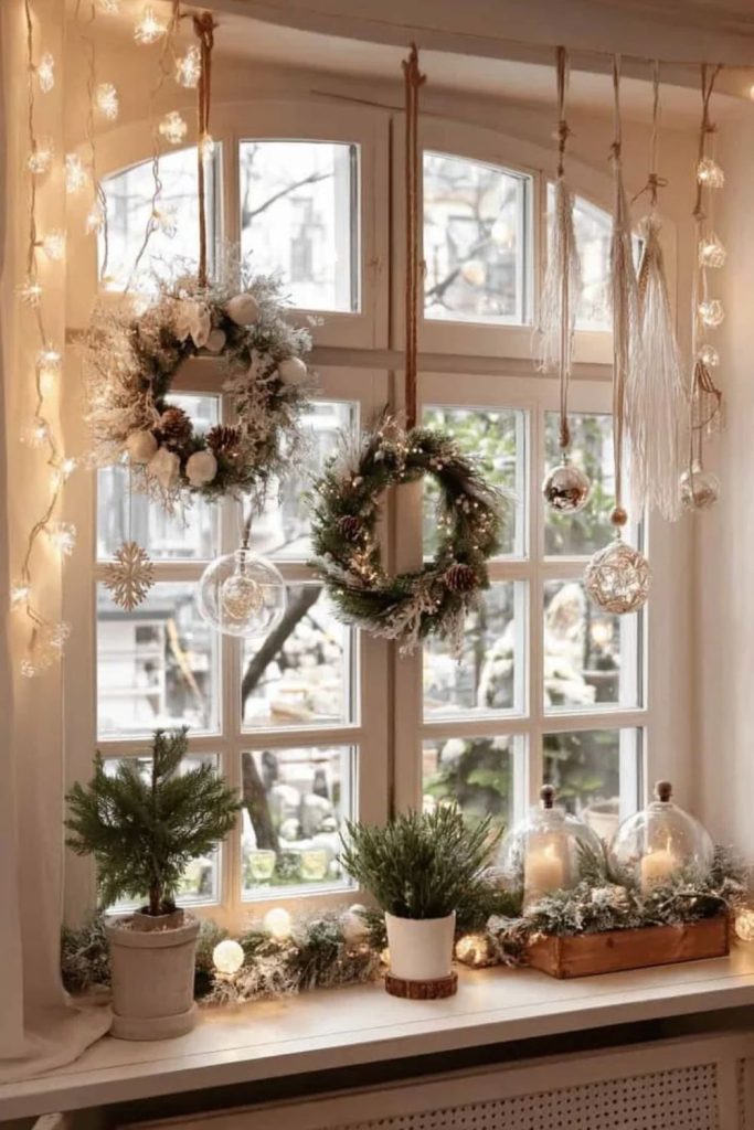 Rustic Christmas window decorations with hanging wreaths.