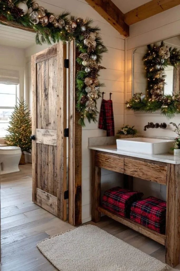 Rustic farmhouse Christmas bathroom with natural accents.