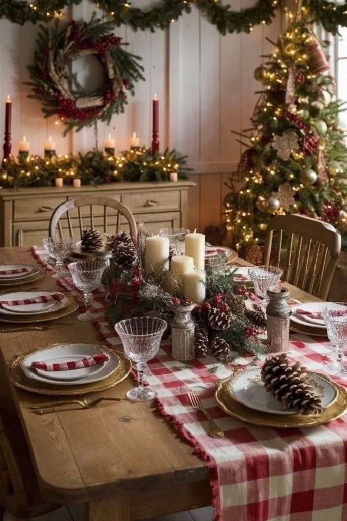 Rustic farmhouse Christmas dining room decorations.