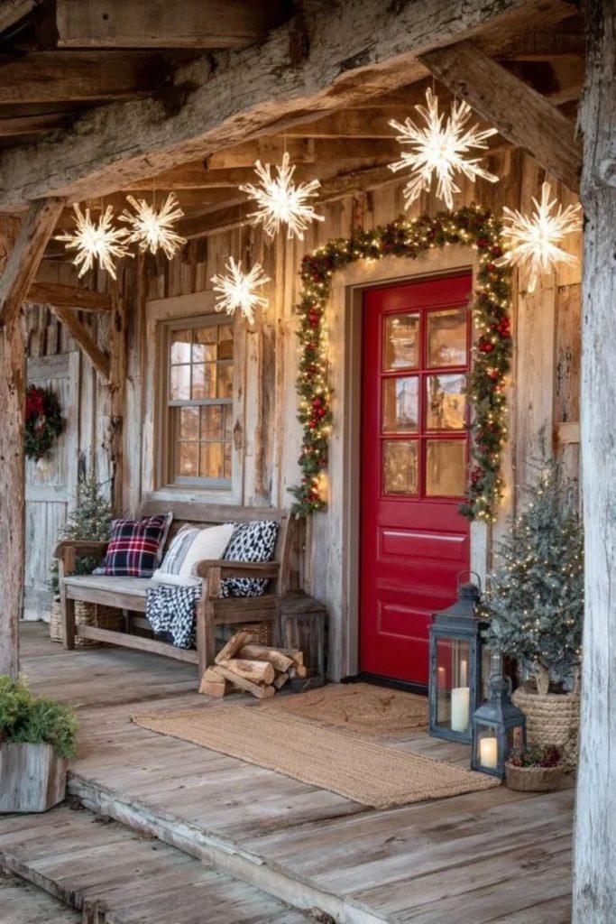 Rustic farmhouse porch with warm Christmas lights.