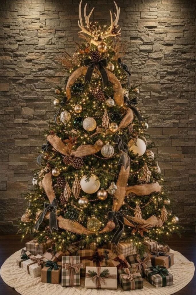 Rustic farmhouse Christmas tree with wooden ornaments.