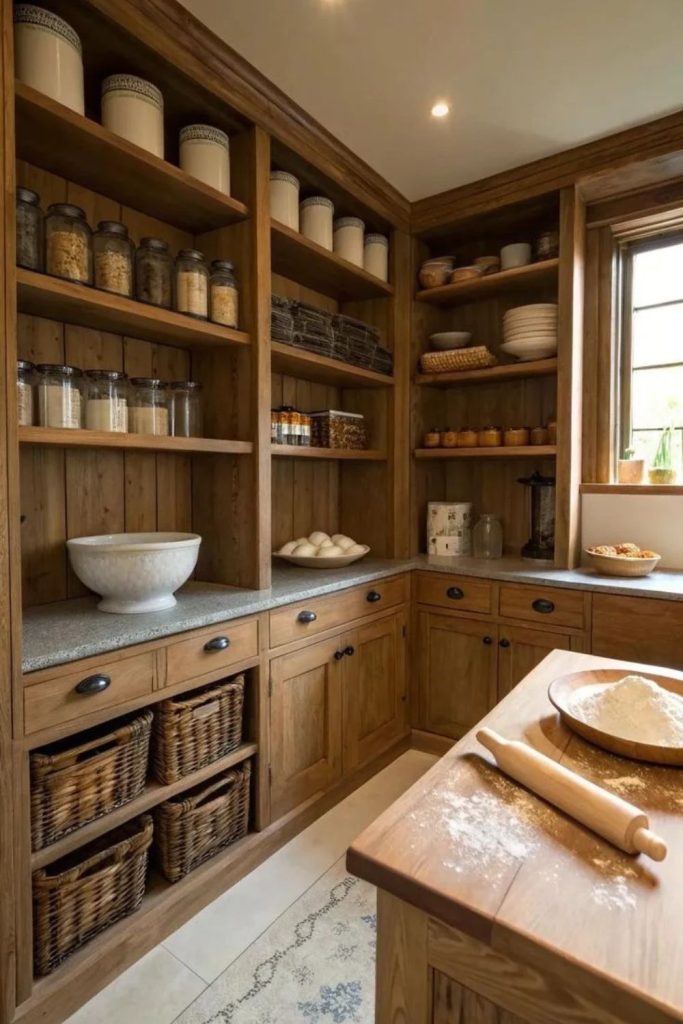 Rustic farmhouse pantry with warm wooden shelves.