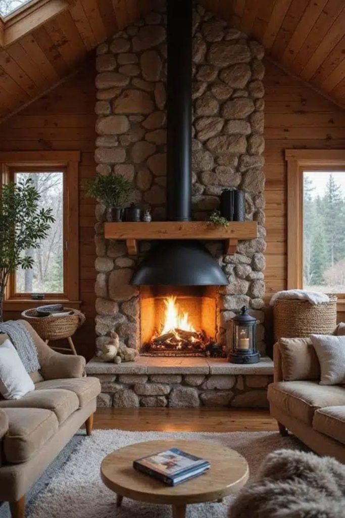 Rustic log burner living room retreat.