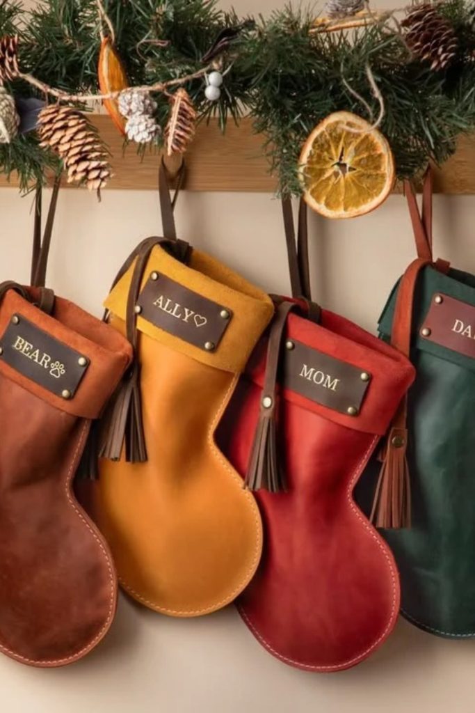 Rustic leather accent Christmas stockings