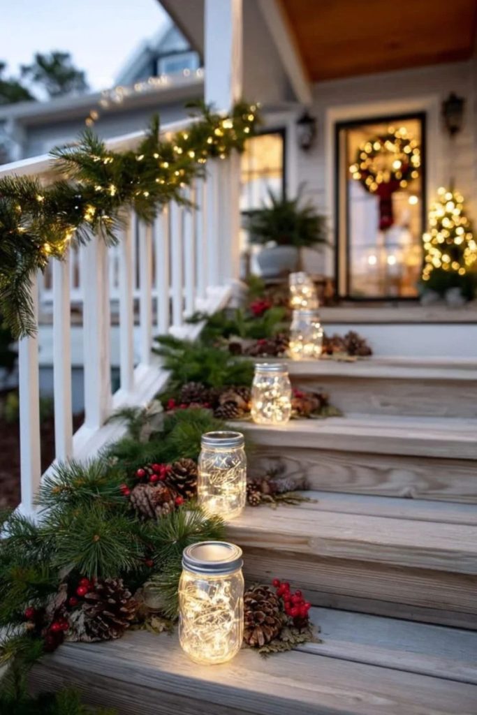 Rustic mason jars filled with glowing fairy lights.