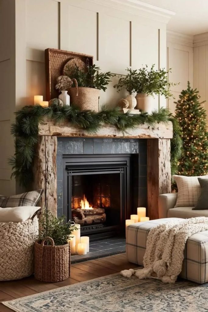 Rustic Scandinavian fireplace Christmas decoration.