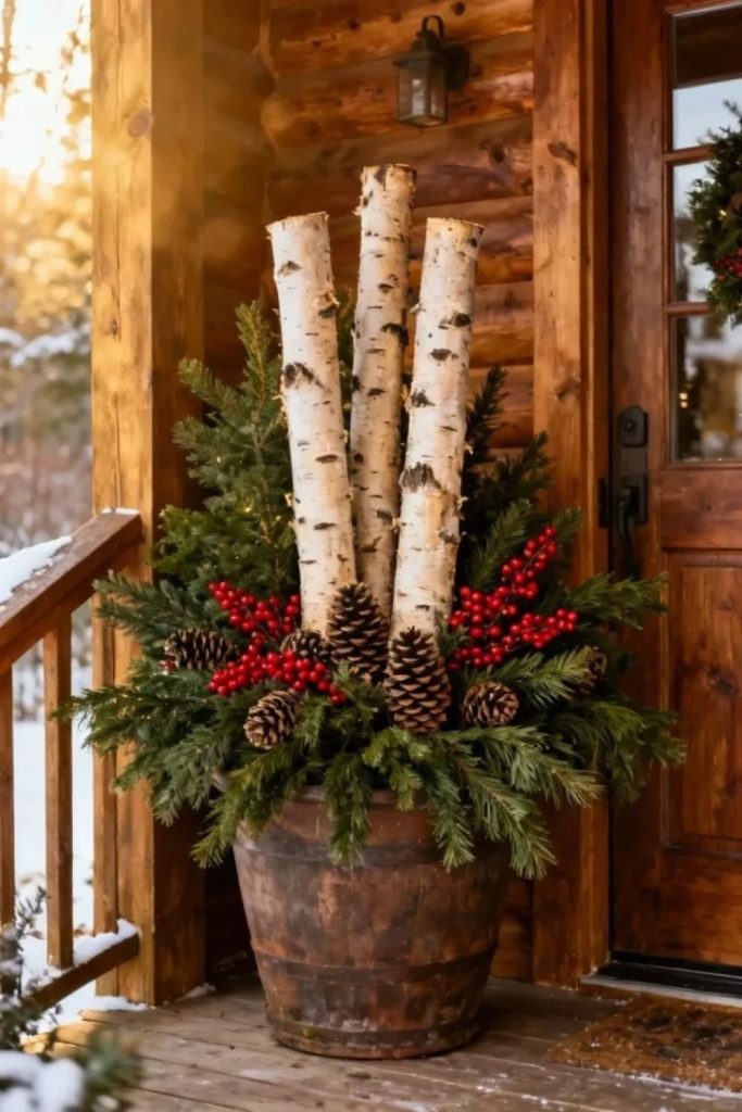 Rustic outdoor Christmas planters with evergreen branches.