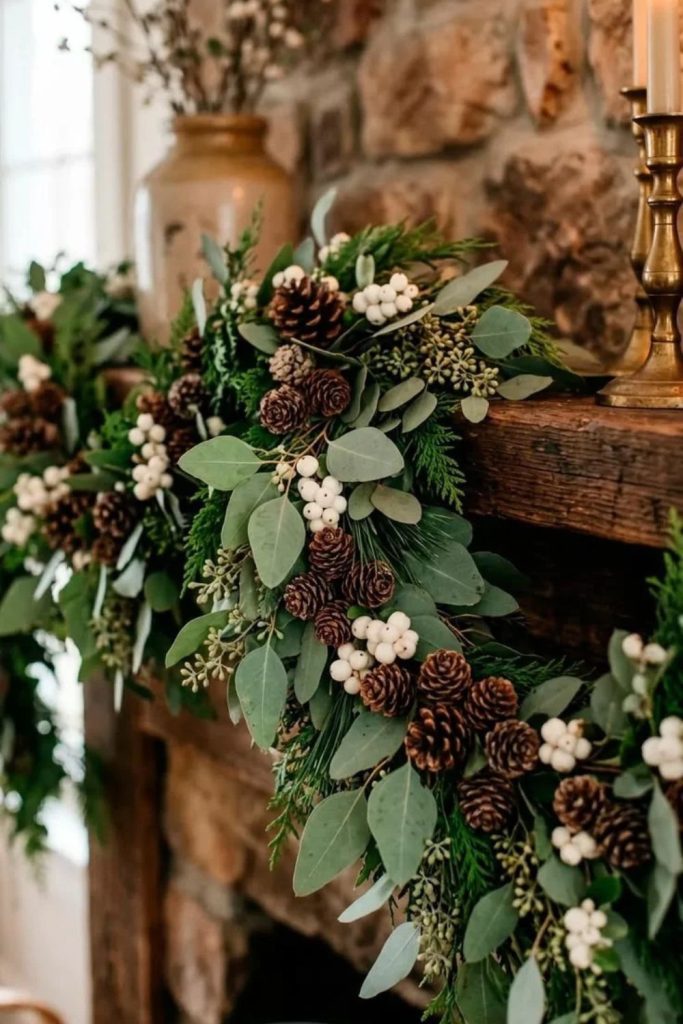 Rustic pinecone garland with plaid ribbon.