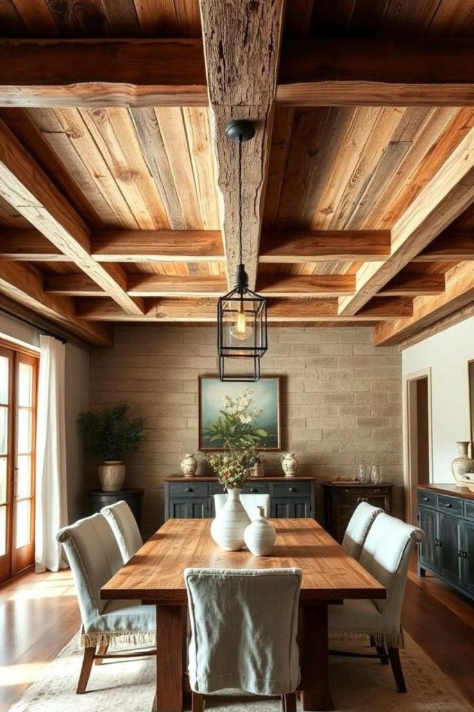 Rustic reclaimed beam ceiling interior.