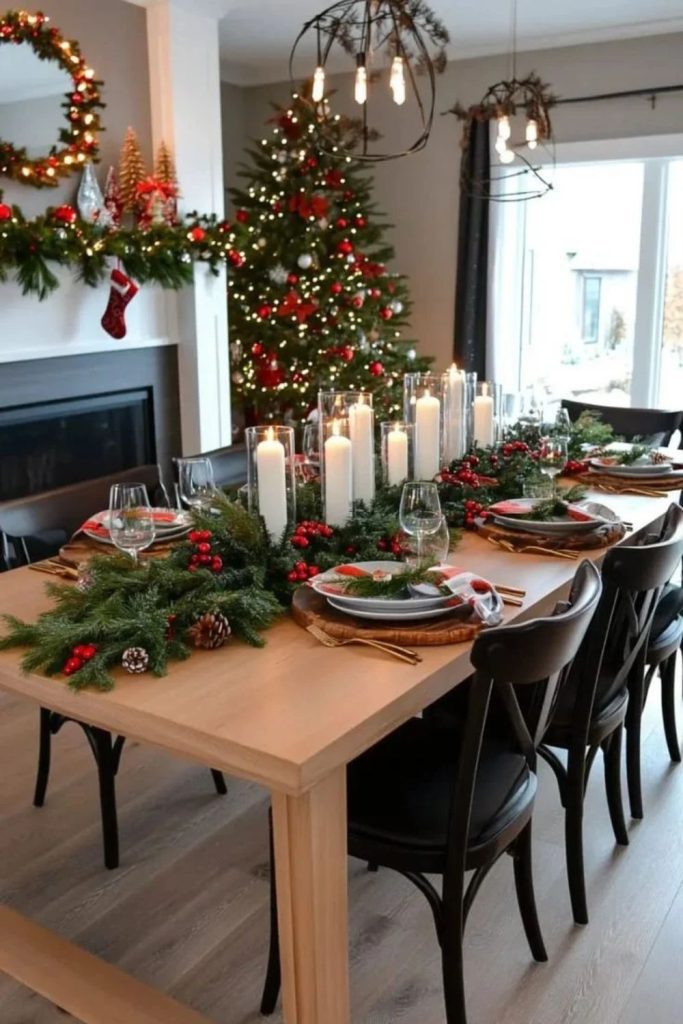 Red berry garland Christmas dining table centerpiece.