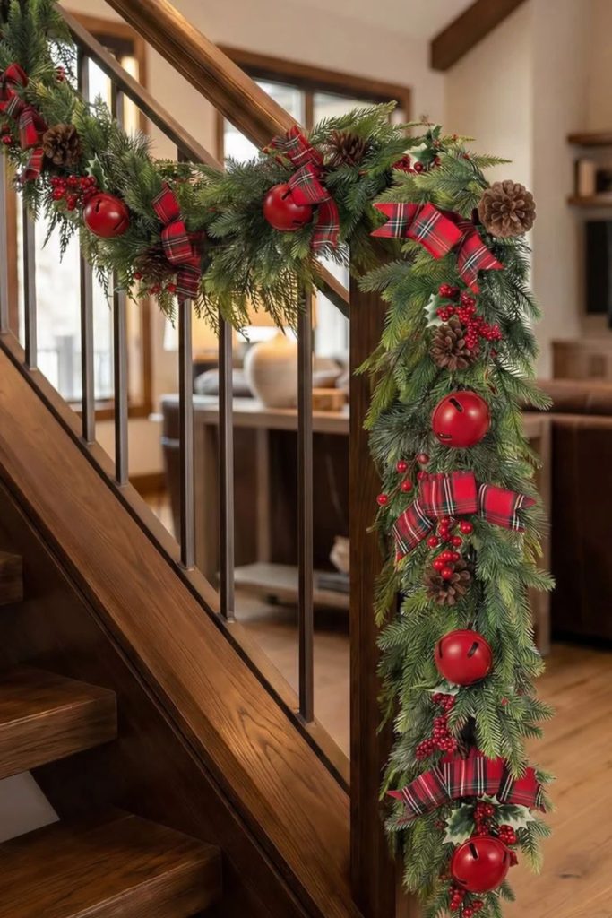 Rustic farmhouse garland with red bows.