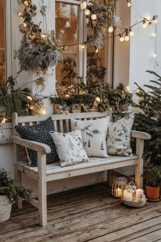 Rustic Nordic Christmas bench styling.