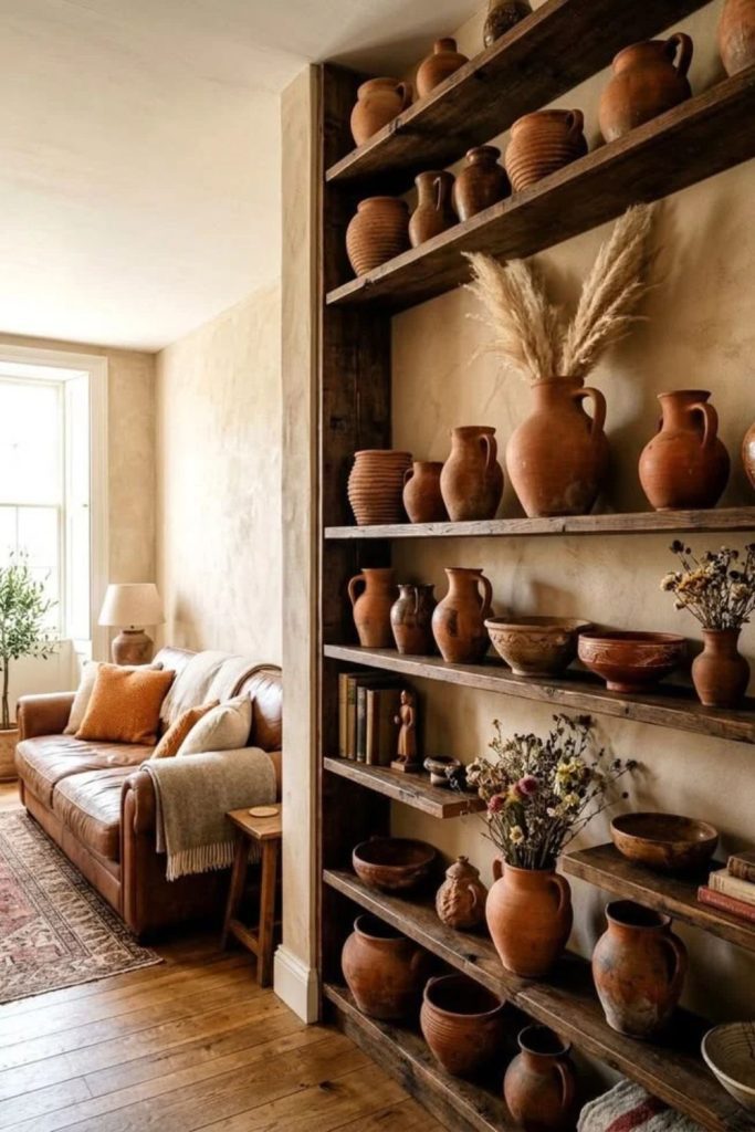 Rustic terracotta pottery displayed on wooden shelves