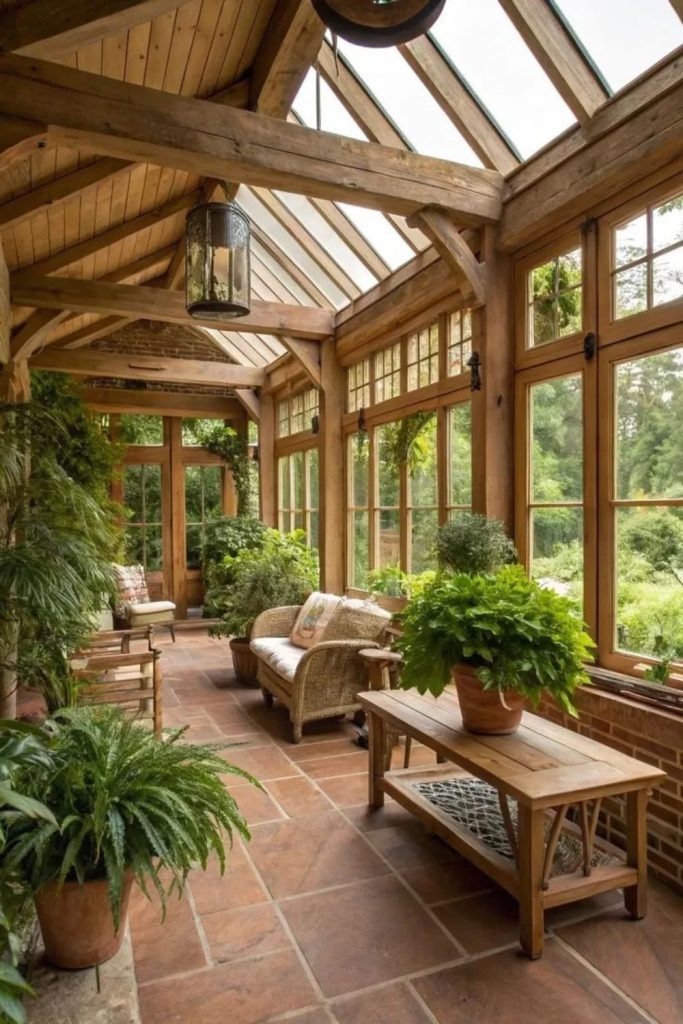 Rustic Timber Orangery with Cozy Furnishings.