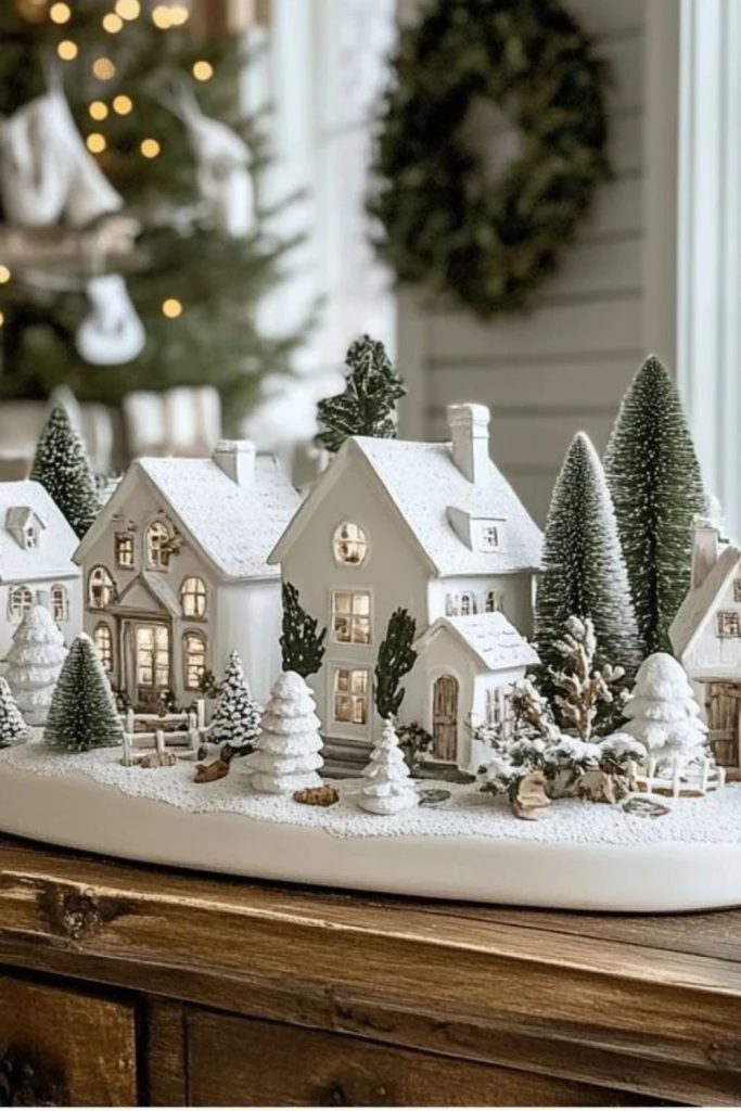 White Christmas village with wooden rustic accents.