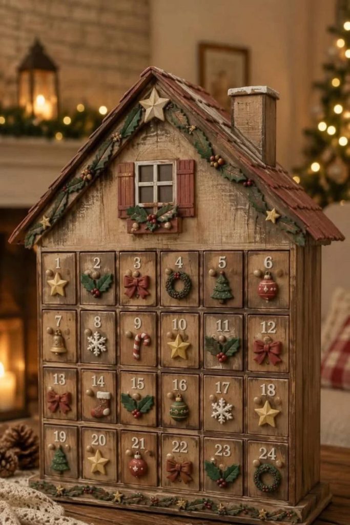 Rustic wooden Christmas advent calendar display.
