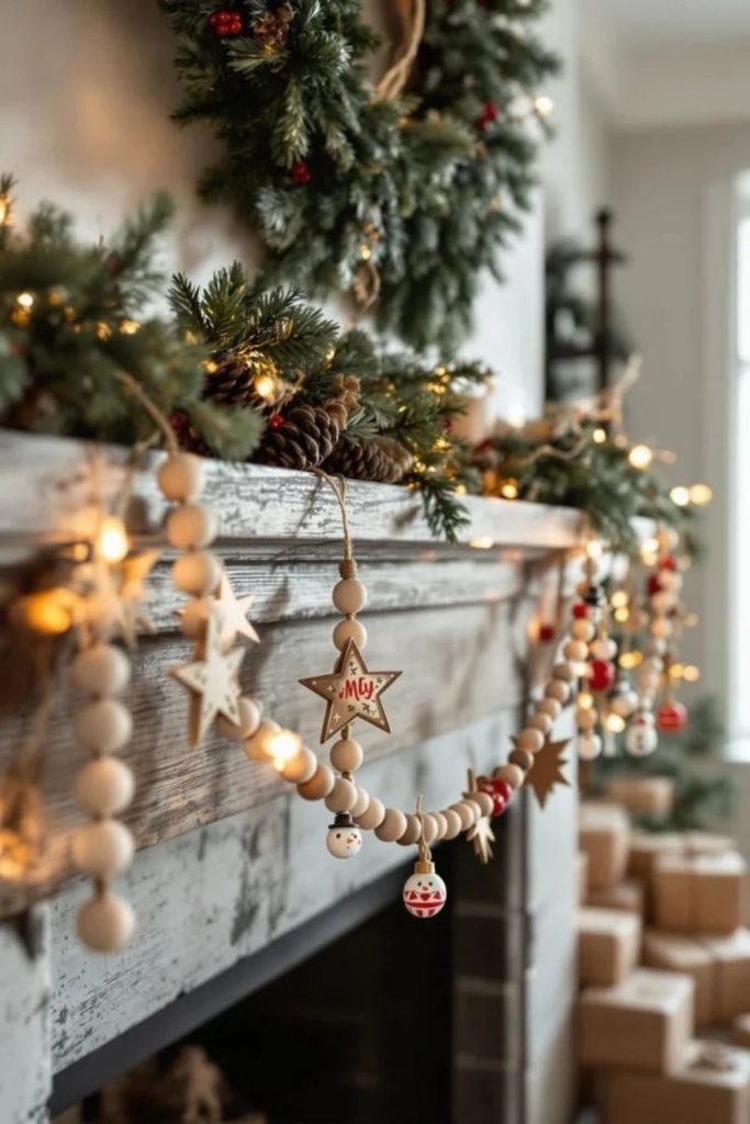 Wooden bead garland with rustic Christmas accents.