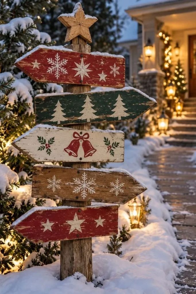 Rustic wooden Christmas signs with lettering.