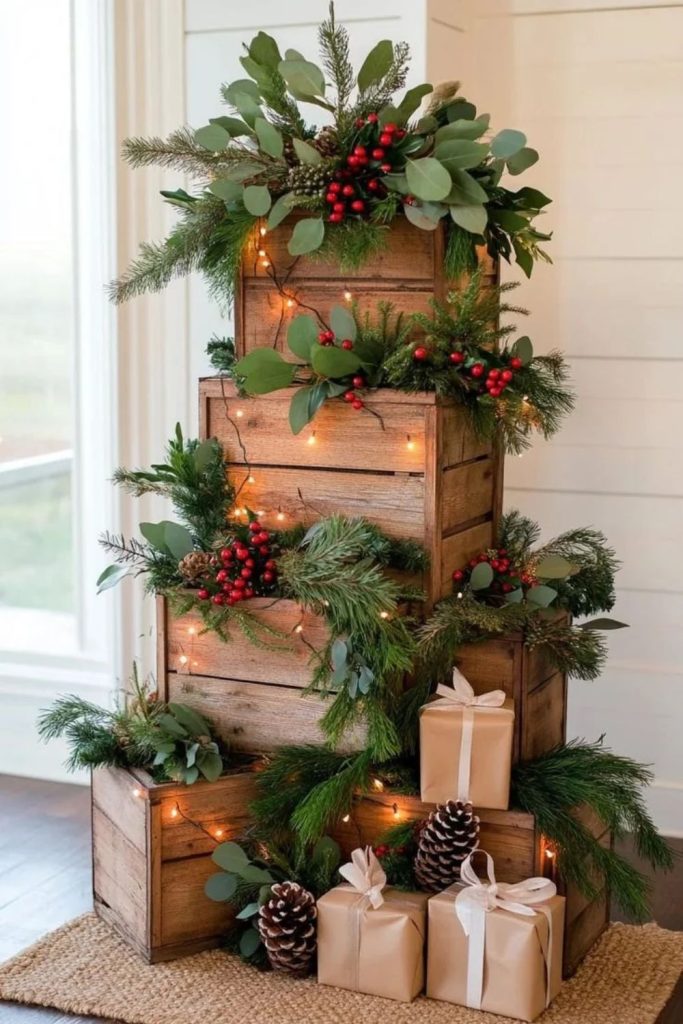 Rustic wooden crates displaying festive Christmas decorations.