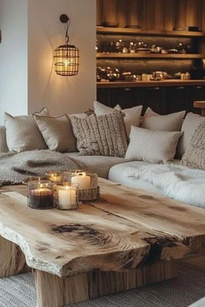 Rustic wooden hygge living room with natural charm.