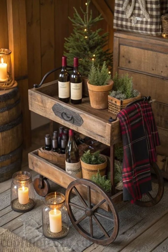 Rustic woodland Christmas bar cart with pinecones.