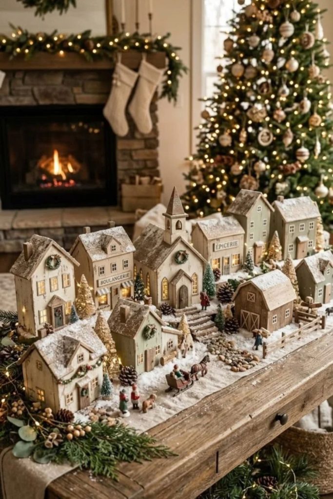 Rustic woodland village with snowy cabins.