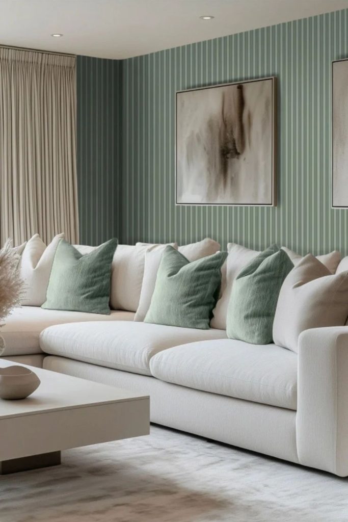 Sage green fluted wall panelling