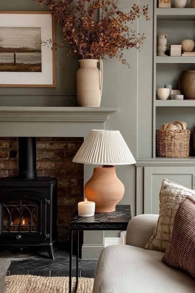 Sage green living room with stove.