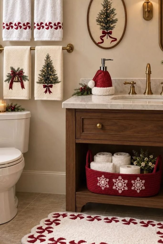 Santa Claus accessories for cheerful Christmas bathroom decor.