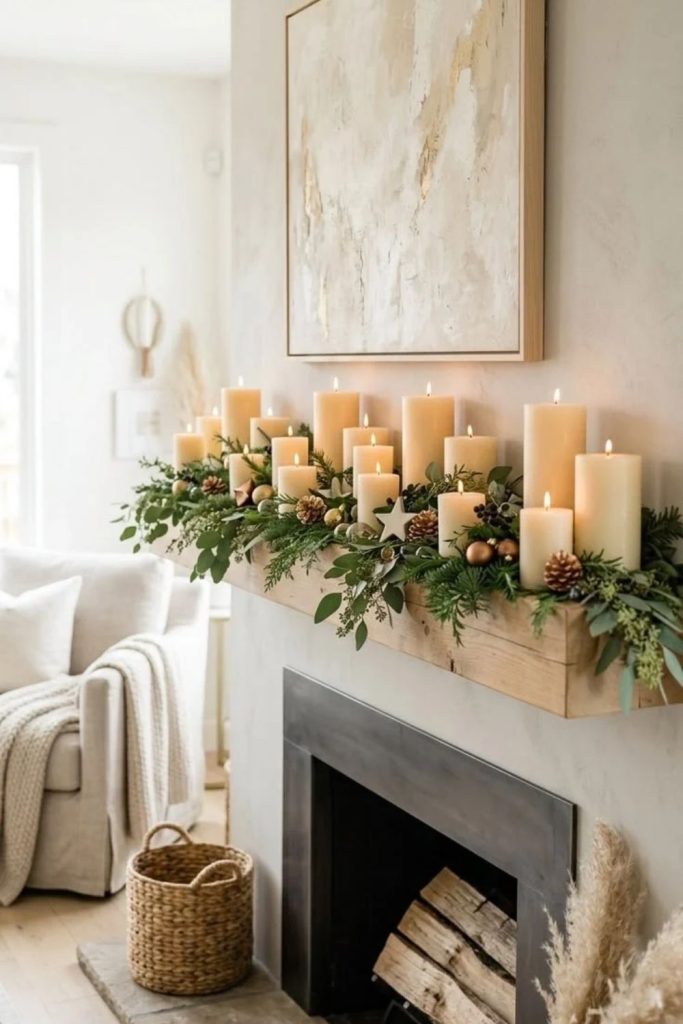 Scandinavian candlelit Christmas mantel decoration.