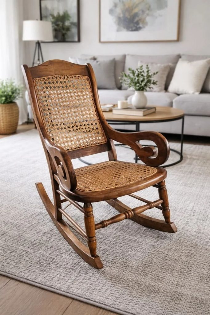 Scandinavian cane rocking chair with wooden runners