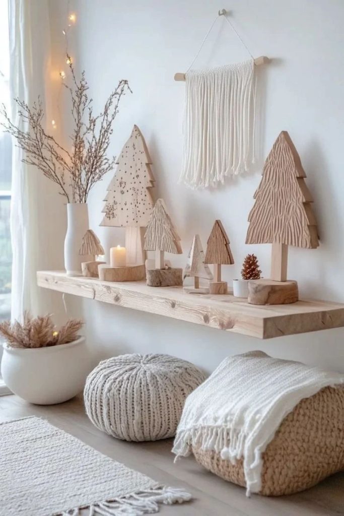Scandinavian shelf with miniature Christmas trees.