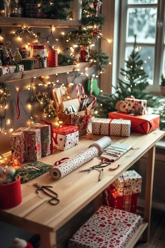 Nordic Christmas gift wrapping station setup.
