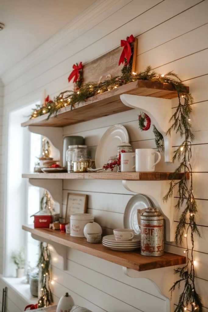 Scandinavian kitchen shelf Christmas decorations.