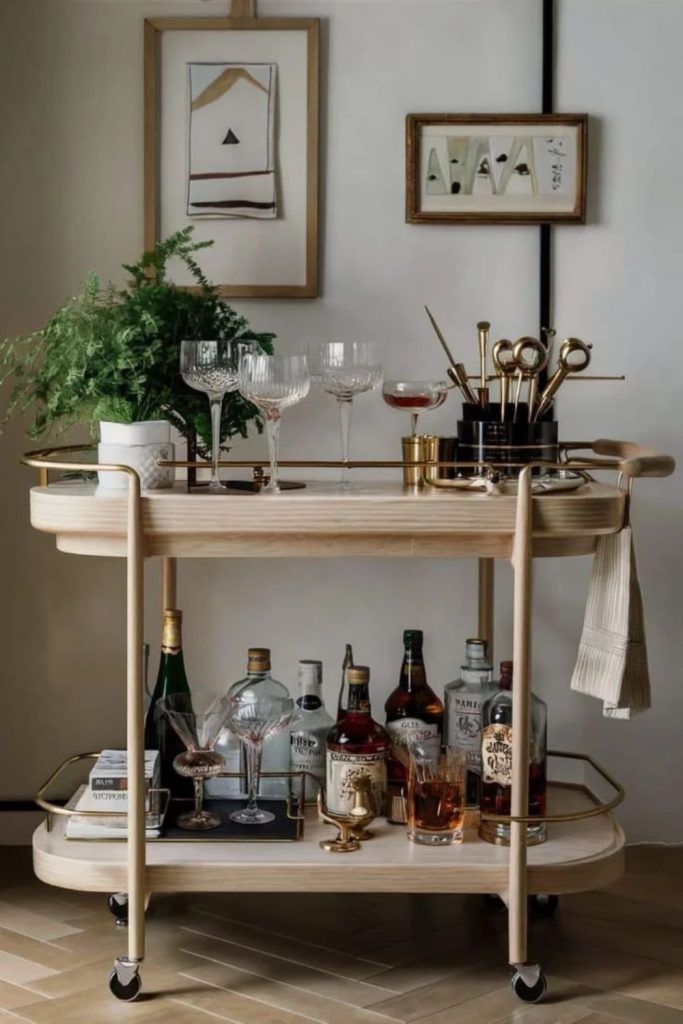 Scandinavian minimalist Christmas bar cart with natural accents.