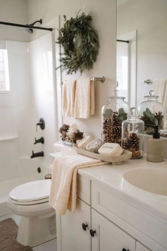 Scandinavian minimalist Christmas bathroom with natural greenery.