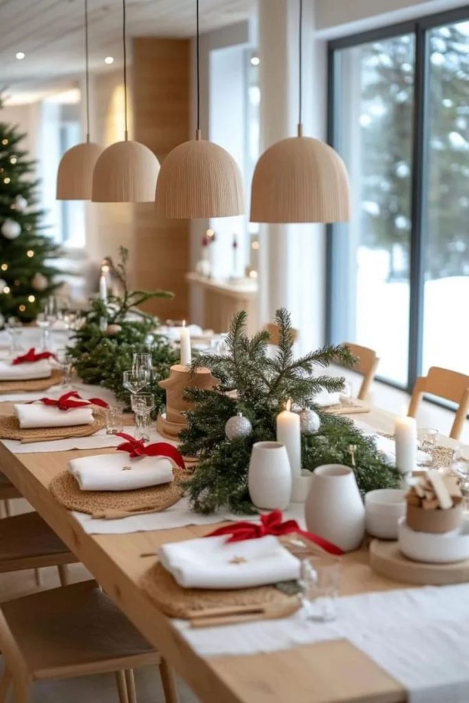 Scandinavian minimalist Christmas dining table styling.
