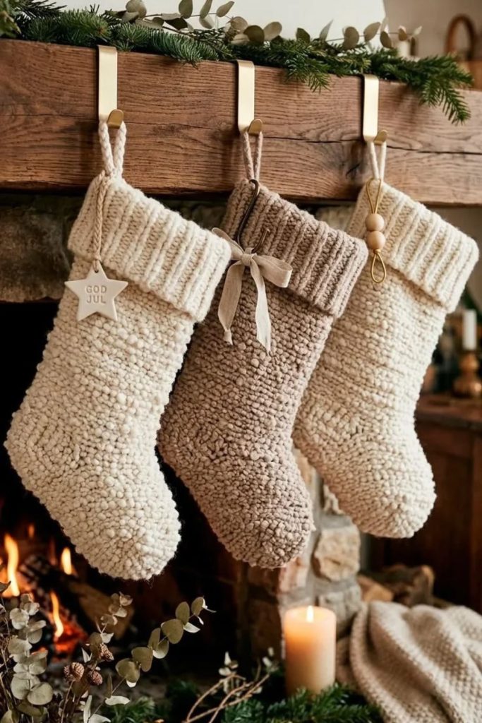 Scandinavian neutral knitted Christmas stockings