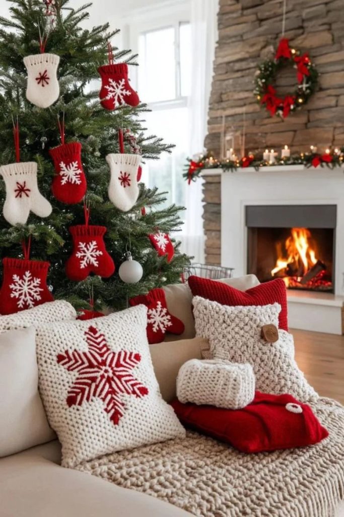 Nordic Christmas corner with red accents.