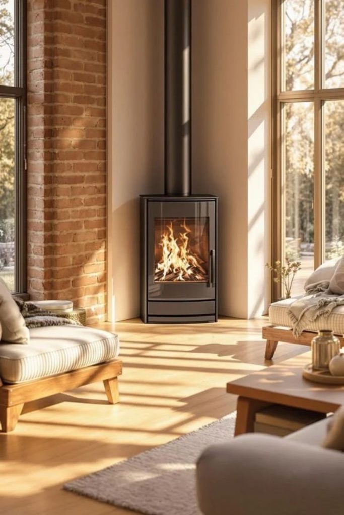 Scandinavian living room with black stove.